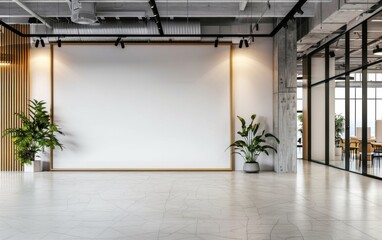 Wall Mural - Modern coworking office interior with blank white mock up banner on wall, panoramic windows and city view, daylight, wooden flooring, furniture and decorative plant. 3D Rendering 2