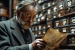 An elderly banker or lawyer examines a will or a list of valuables of wealthy client in a lavish private vault by rows of safety deposit boxes