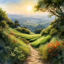 The Sun Shines On A Restored, Reclaimed Hill Covered With Vegetation. Concept - Healing The Earth. Watercolor Illustration