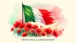 © Milano - Watercolor illustration for italy liberation day with the flag of italy waving in a red poppies field.