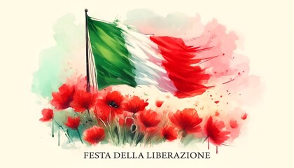 Watercolor illustration for italy liberation day with the flag of italy waving in a red poppies field.