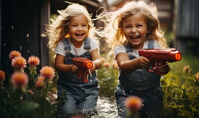 Wall Mural - Two Little Girls Playing With a Water Gun