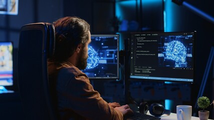 Poster - experienced developer uses computer to update artificial intelligence neural networks, writing code 