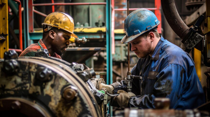 Poster - two engineers of different races working on a complex piece of machinery together