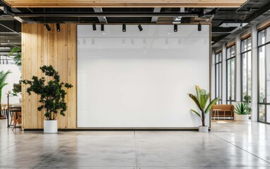 Wall Mural - Modern coworking office interior with blank white mock up banner on wall, panoramic windows and city view, daylight, wooden flooring, furniture and decorative plant. 3D Rendering