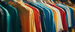 Colorful t-shirts are neatly arranged on hangers, presenting a vibrant and lively display. The array of bright colors and diverse patterns adds an element of fun and excitement to the scene.