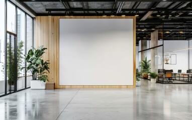 Wall Mural - Modern coworking office interior with blank white mock up banner on wall, panoramic windows and city view, daylight, wooden flooring, furniture and decorative plant. 3D Rendering