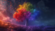 A fantastical tree with rainbow-hued leaves stands tall against a mystical night sky. AI Generative.