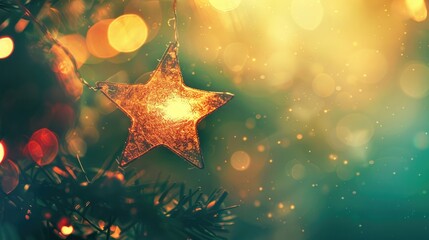 Canvas Print - Golden star ornament glows amid festive lights on a christmas tree