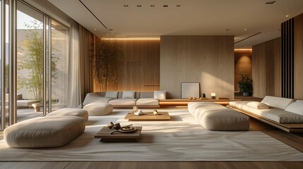 Wall Mural - Modern Minimalist Living Room Interior Design with Large Windows