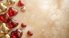 Metallic Red And Gold Heart-shaped Balloons On A Textured Beige Backdrop