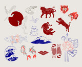 Fototapeta Boho - Oriental symbol collection. Asian sings, tiger, koi fish, stork, sunrise, sea wave, lily flower, lucky cat maneki neko. Editable vector illustration.