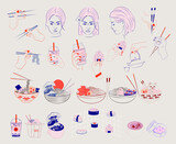 Fototapeta Boho - Asian food and drink collection, wok, ramen, noodle soup, sushi, onigiri, dimsum, bubble tea, matcha tea. Beautiful asian girls face. Oriental sketch. Editable vector illustration.