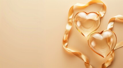 Wall Mural - Golden ribbon around two glass heart shapes on a warm background