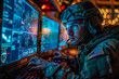 Soldier in Military Uniform Operating Computer