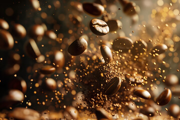 Poster - Macro shot of coffee beans falling. motion blur. Coffee. Background image. Created with Generative AI technology.