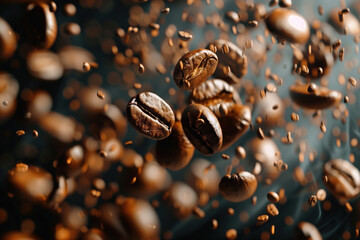 Poster - Macro shot of coffee beans falling. Coffee. Background image. Created with Generative AI technology.