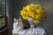 Still life with yellow daffodils and lovely cat
