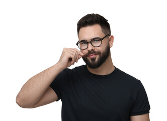 Sticker - Happy young man touching mustache on white background