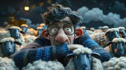 Cartoonish 3D render of a man with insomnia, whimsically counting animated sheep, each with a unique expression