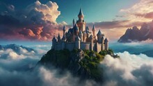 Motion Of Magical World With The Castle Floating Above The Clouds