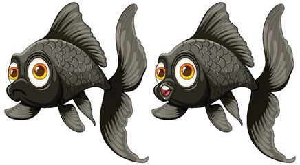 Wall Mural - Two animated black goldfish with expressive eyes