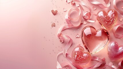 Wall Mural - Assortment of shiny heart shapes with satin ribbons on a pink backdrop