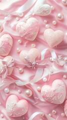 Wall Mural - Decorative heart-shaped objects with bows and pearls on pink satin.