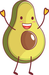 Cute avocado cartoon character in Hand drawn kawaii style.