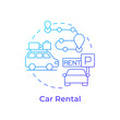 Car rental blue gradient concept icon. Travel service. Road trip planning. Van reservation. Rent a car. Round shape line illustration. Abstract idea. Graphic design. Easy to use in application