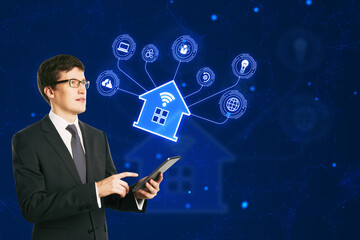 Sticker - Thoughtful young european businessman using cellphone with creative smart house hologram on blue background. Artificial intelligence and virtual assistant concept.