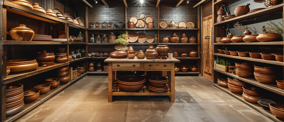 Gourmet kitchenware store with artisanal pots and handcrafted utensils