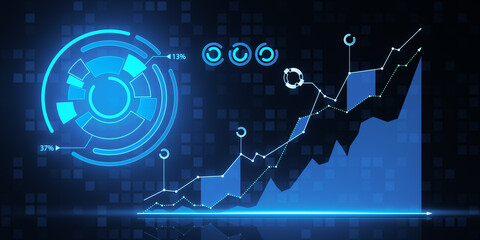 Poster - Abstract growing index business chart on dark blue tech background. Financial growth and invest concept. 3D Rendering.