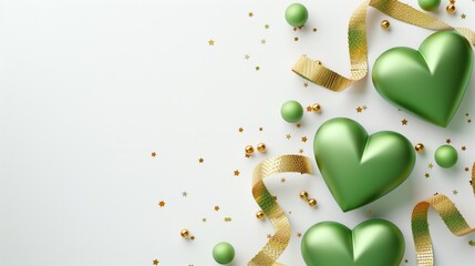 Wall Mural - Green heart shapes with golden baubles and sparkling ribbons on white