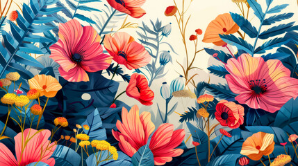 Wall Mural - Tropical jungle pattern with vivid leaves and blooming hibiscus, digital art illustration