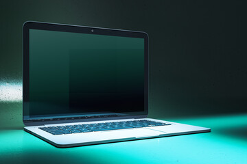 Poster - Close up of creative neon blue light gaming notebook with mock up place. 3D Rendering.