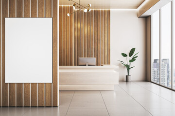 Poster - Modern wooden and concrete office with white mock up banner on hardwood wall, panoramic window and city view, reception desk and decorative plant. Lobby concept. 3D Rendering.