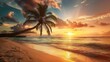 © irvan - At sunset time on the tropical beach and sea with coconut palm tree ,Generative ai,