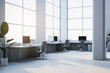 Clean spacious light coworking office interior with panoramic windows and city view. Workplace concept. 3D Rendering.