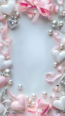 Wall Mural - Elegant pink and silver hearts and ribbons with pearls on a soft background