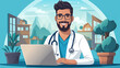 Online medicine. Video conference consultation. Illustration of a smiling doctor with stethoscope and laptop