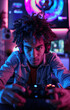 Afro teenager playing video game in room with neon lights