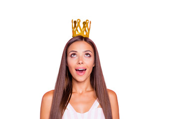 Sticker - Good-looking style lady with open mouth long brunette hair look up on tiara on head she win winner victory in beauty contest isolated on bright pastel pink background in her white striped wear