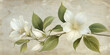 Vintage botanical illustration of white flower and green leaves on beige background