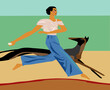 A stylized female figure is depicted running alongside a dog, conveying a sense of movement and energy. They appear to be on a track or path, with simplified blocks of color representing the surroundi