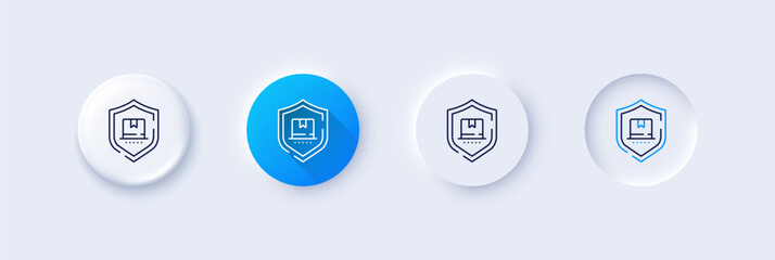 Poster - Package protection line icon. Neumorphic, Blue gradient, 3d pin buttons. Parcel delivery insurance sign. Safe service symbol. Line icons. Neumorphic buttons with outline signs. Vector