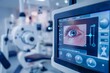 Advanced eye examination equipment in a clinical setting, featuring a monitor displaying a human eye for an ocular health check. Modern Eye Examination Equipment at Clinic