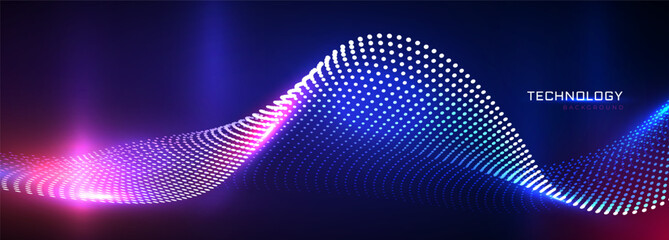 Fototapete - Futuristic 3d particles mesh array wave, sound flowing. 3d abstract sci-fi user interface concept with gradient dots and lines. 3d futuristic technology style with glowing light effect. Tech Vector.