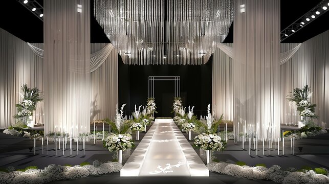A striking wedding venue designed with a modern, monochromatic theme.