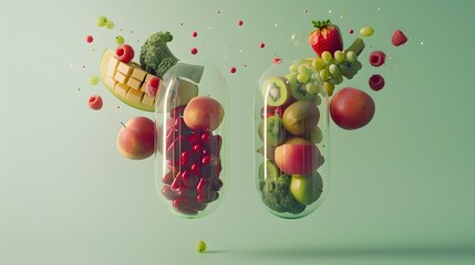 Nutritious Capsules of Healthy Fruits and Vegetables Bursting into Vibrant Pieces Against a Soft Green Background in Conceptual Still Life Photography